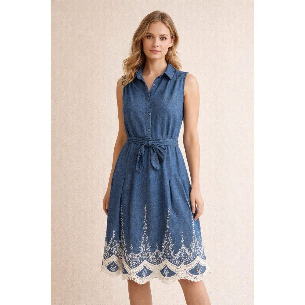 Westport 1962 Chambray Dress SZ 8 Blue Sleeveless Lace Hem Spring Garden Party
